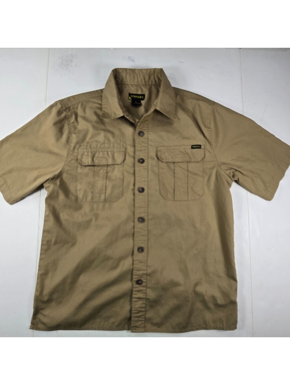 Stanley Workwear Ripstop Shirt Mens Sz Large Short Sleeve Button Up Gold Tan